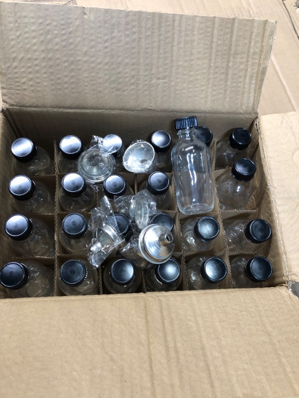 Photo 3 of 24, 2 oz Small Clear Glass Bottles (60ml) with Lids & 3 Stainless Steel Funnels - Boston Round Sample Bottles for Potion, Juice, Ginger Shots, Whiskey, Liquids - Mini Travel Bottles, NO Leakage