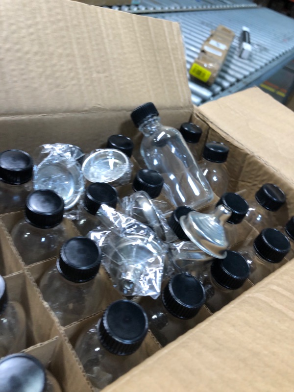 Photo 4 of 24, 2 oz Small Clear Glass Bottles (60ml) with Lids & 3 Stainless Steel Funnels - Boston Round Sample Bottles for Potion, Juice, Ginger Shots, Whiskey, Liquids - Mini Travel Bottles, NO Leakage