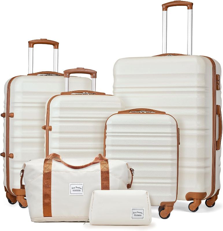 Photo 1 of Luggage Set 4 Piece Luggage Set ABS hardshell TSA Lock Spinner Wheels Luggage Carry on Suitcase (WHITE-BROWN, 6 piece set)