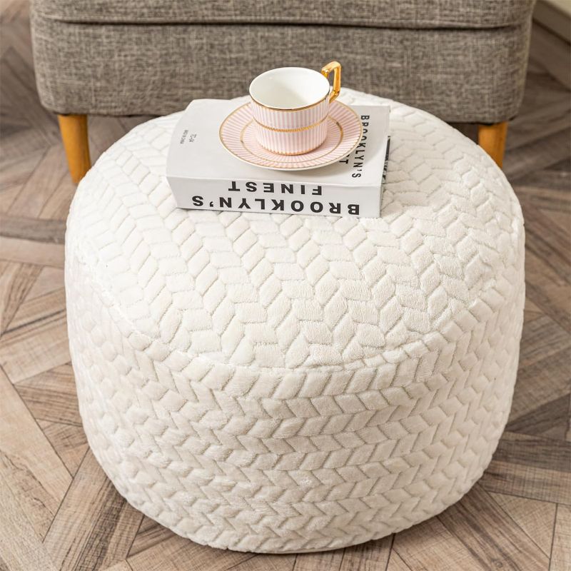 Photo 1 of AbunHeri Stuffed Pouf Ottoman, Ottoman Pouf for Living Room Bedroom Floor Storage Pouf Footstools, Round Foot Rest Stool 20"x20"x12" with Filler (White)