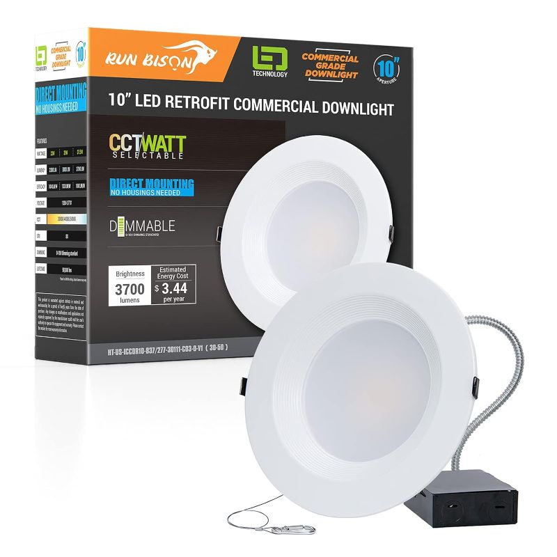 Photo 1 of 10 Inch Recessed LED Commercial Downlight with J-Box, Wattage Adjustable 22/29/37.5W,3 Color Selectable 3000K-5000K, 120-277V,0-10V Dimmable, IC Rated,Canless LED Downlight,UL & Energy Star
