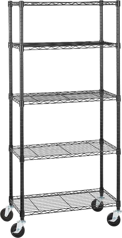 Photo 1 of Amazon Basics 5-Shelf Medium Adjustable, Heavy Duty Storage Shelving Unit on 4'' Wheel Casters, Metal Organizer Wire Rack, Black, 30" L x 14" W x 64.75" H