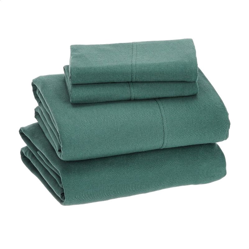 Photo 1 of Amazon Basics Cotton Jersey 4-Piece Bed Sheet Set, King, Dark Green