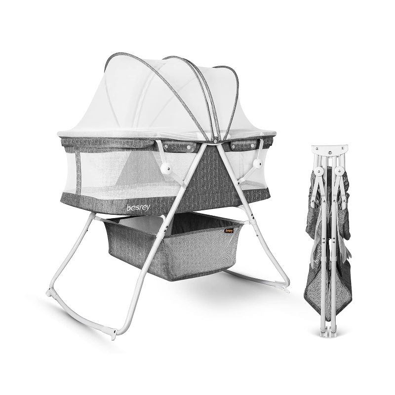 Photo 1 of besrey Bassinet for Baby, 3 in 1 Portable Baby Bassinets, Rocking Cradle Bed, Easy Folding Bedside Sleeper Crib, Quick-Fold for Newborn Infant, up to 33 lb Compact Storage, Mattress and Net Included