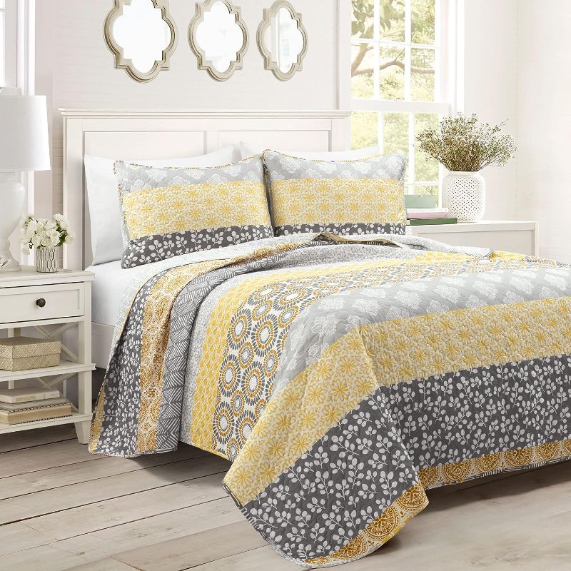 Photo 1 of 
Lush Decor Bohemian Striped Quilt Reversible 3 Piece Colorful Boho Design Bedding Set, King, Yellow & Gray