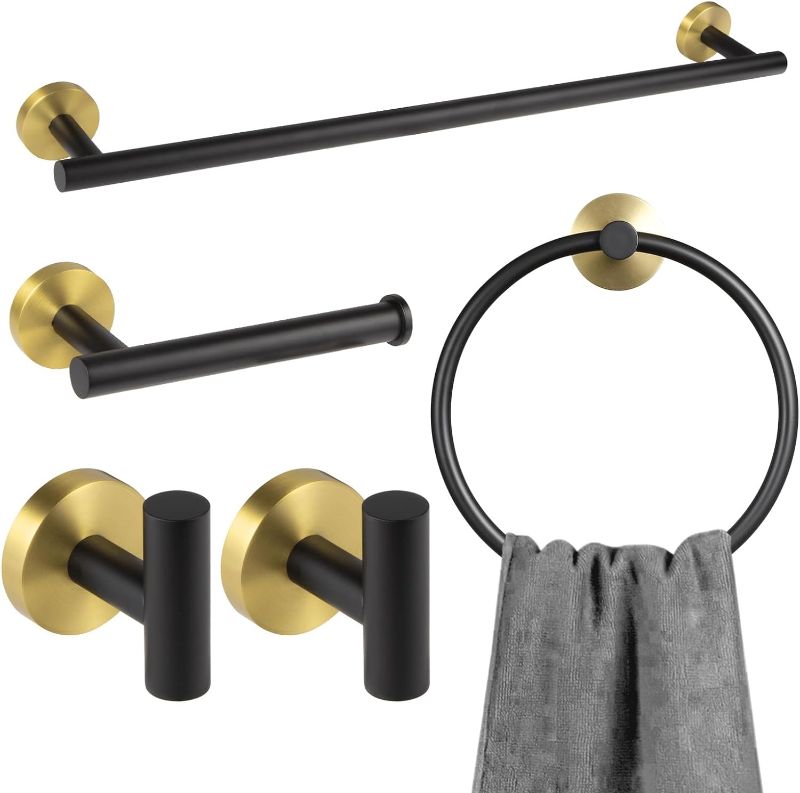 Photo 1 of 5-Piece Bathroom Hardware Set Black and Gold, Lava Odoro Towel Rack Set Stainless Steel Wall Mounted - Include 23.6 in Bath Towel Bar, 2 Robe Towel Hooks, Toilet Paper Holder and Towel Ring