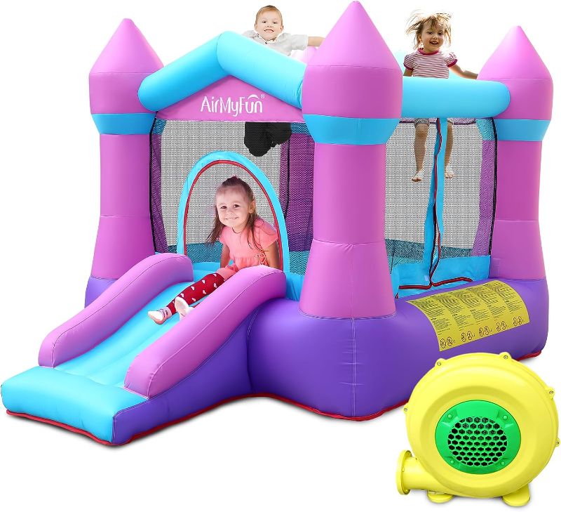 Photo 1 of AirMyFun Kids Bounce House with Blower, Inflatable Bouncy Jumping Castle with Slide, Indoor/Outdoor Pink Bouncer House with Double Sewn Beams, 82011B