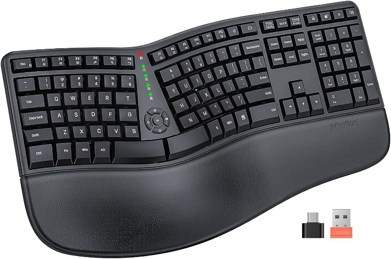 Photo 1 of MEETION Ergonomic Keyboard, Split Wireless Keyboard with Cushioned Wrist, Palm Rest, Curved, Natural Typing Full Size Rechargeable Keyboard with USB-C Adapter for PC/Computer/Laptop/Windows/Mac, Black