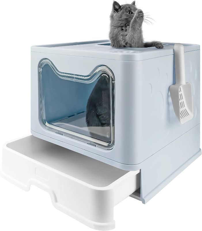 Photo 1 of Bolux Foldable Cat Litter Box with Lid, Extra Large Litter Box with Cat Litter Scoop, Drawer Type Cat Litter Pan Easy to Scoop & Low Tracking (Blue, 20" L x 16" W x 15" H)