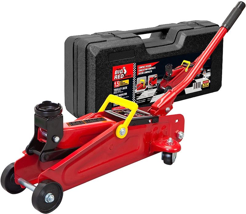Photo 1 of BIG RED T820014S Torin Hydraulic Trolley Service/Floor Jack with Blow Mold Carrying Storage Case, 1.5 Ton (3,000 lb) Capacity, Red