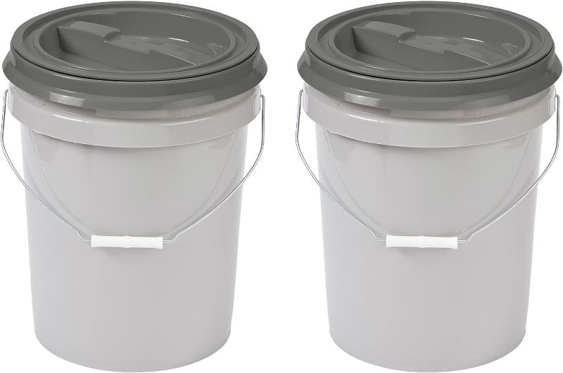 Photo 1 of 
Mighty Tuff 5 Gallon / 21 Pound Pet Food Storage Container, Pack of 2 with Metal Handle and Airtight Lid to Lock in Freshness, Light Grey Base & Dark...