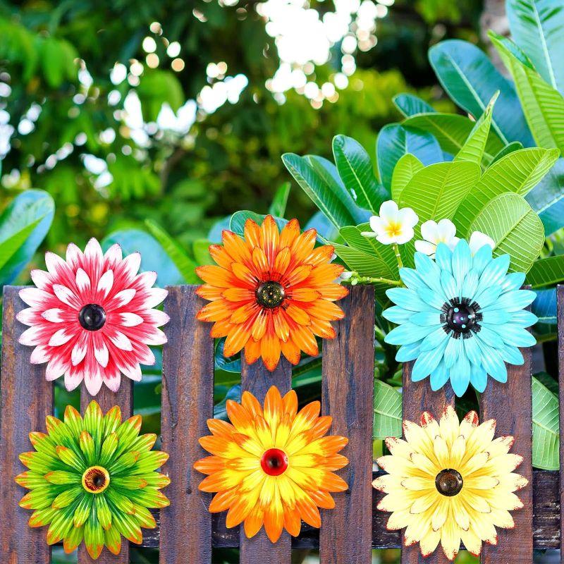 Photo 3 of 6 Pcs Metal Flowers Wall Decor Hanging Outdoor Metal Sunflower Wall Art Decorations Multiple Layer 3D Daisy Metal Wall Flowers for Garden Farmhouse, 8 Inch