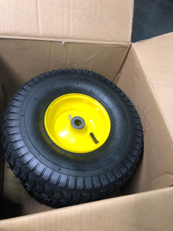 Photo 2 of (2 Pack) AR-PRO Exact Replacement 15" x 6.00 - 6" Front Tire and Wheel Assemblies for John Deere Riding Mowers - Compatible with John Deere 100 and D100 Series - 3” Hub Offset and 3/4” Bushings 15" x 6.00-6" Yellow