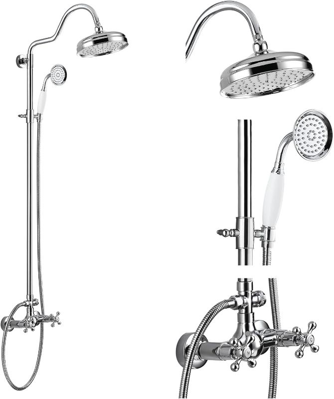 Photo 1 of 
Wall Mount Exposed Shower Faucet System Set Polish Chrome 8 Rain Shower with Handheld Spray 2 Double Knobs Handle Dual Function Shower Fixture Combo System