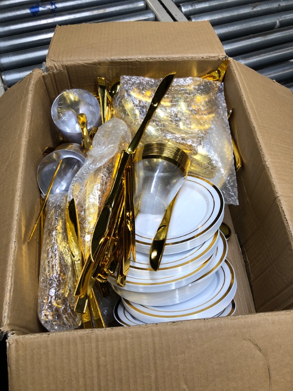 Photo 3 of 600 Piece Disposable Plastic Gold Dinnerware Set – 200 White and Gold Plates – Set of 300 Gold Silverware – 100 Gold Cups for Party or Wedding up to 100 Guests 100 Guest Set Gold