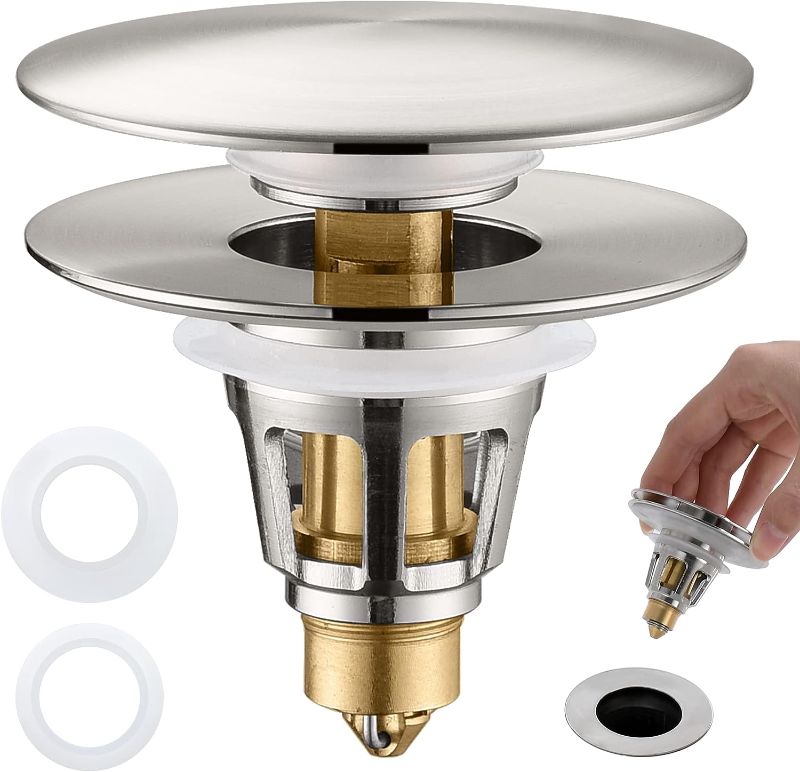 Photo 1 of 2-in-1 Universal Bathroom Sink Stopper - Brushed Nickel Pop Up Sink Drain Stopper, Brass Bounce Bullet Core Sink Stopper Replacement, Wash Basin Drain Filter Plug with Anti-Clogging Strainer