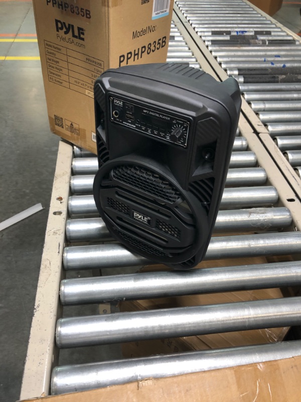 Photo 3 of Portable Bluetooth PA Speaker System - 300W Rechargeable Outdoor Bluetooth Speaker Portable PA System w/ 8” Subwoofer 1” Tweeter, Microphone In, Party Lights, MP3/USB, Radio, Remote - Pyle PPHP835B
***No charging cable, but functional***