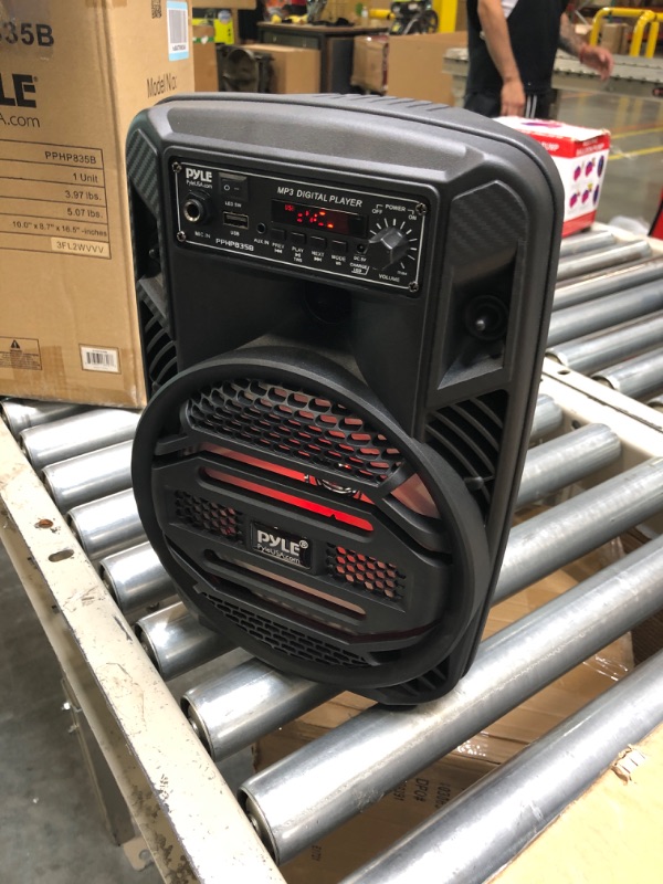 Photo 4 of Portable Bluetooth PA Speaker System - 300W Rechargeable Outdoor Bluetooth Speaker Portable PA System w/ 8” Subwoofer 1” Tweeter, Microphone In, Party Lights, MP3/USB, Radio, Remote - Pyle PPHP835B
***No charging cable, but functional***