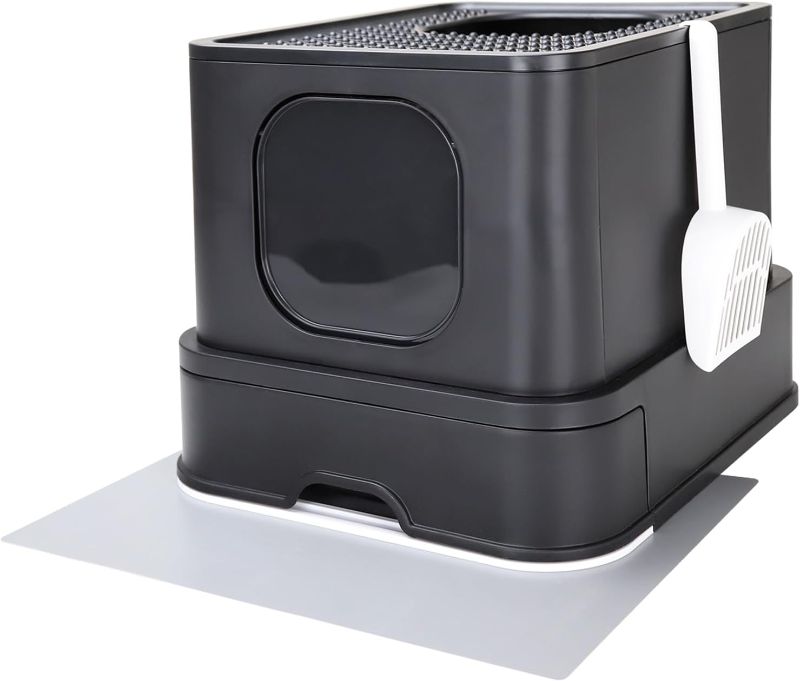 Photo 1 of  Cat Litter Box with Lid, Handy Litter Scoop, Large Top Entry Anti-Splashing, Plastic, Drawer Type Cat Toilet Easy Cleaning (All Black)
