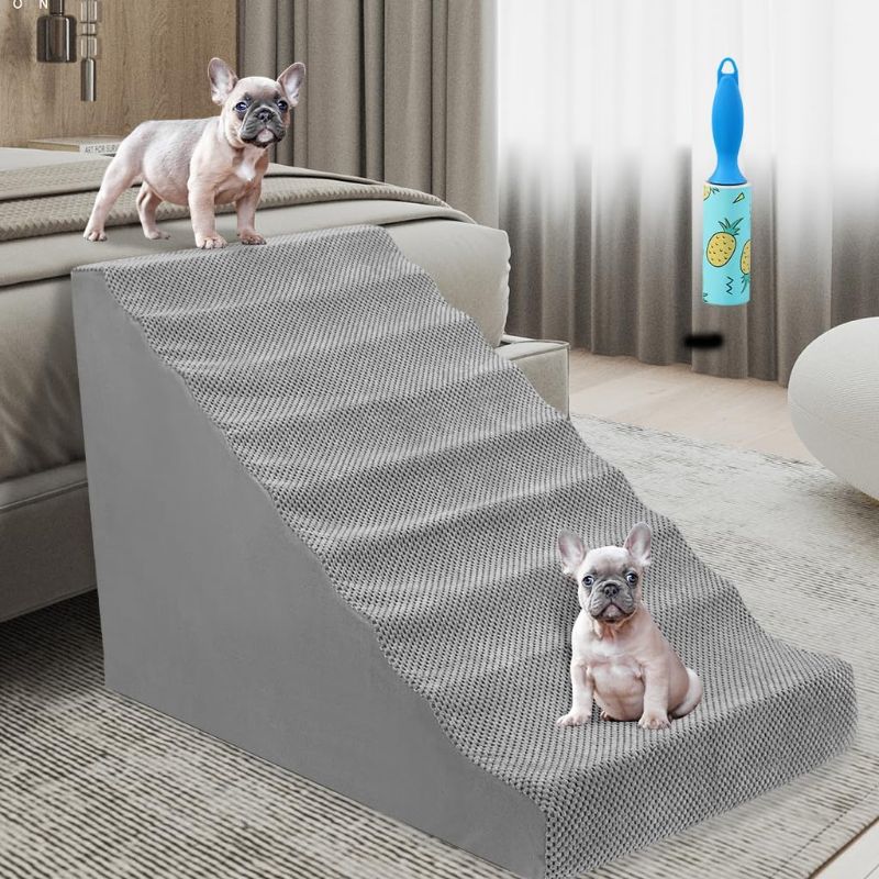 Photo 1 of A.FATI 7-Tier Foam Dog Steps for High Bed, 30D High Density Foam Pet Stairs/Ramp, Non-Slip Pet Stairs/Ladder for Older Petss, Cats, Puppies, Injured Dogs, Grey (with 1 Lint Rollers)
