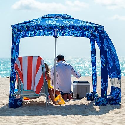 Photo 1 of AMMSUN Beach Cabana, 6.2'×6.2' Beach Canopy, Easy Set up and Take Down, Cool Cabana Beach Tent with Sand Pockets, Instant Sun Shelter with Privacy Sunwall, Blue Paint, Coral Tropical
