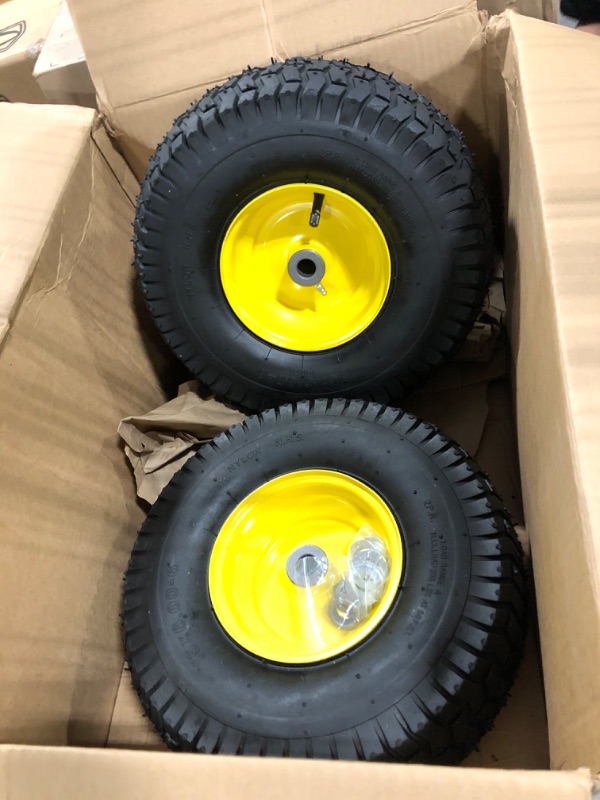 Photo 3 of (2 Pack) AR-PRO Exact Replacement 15" x 6.00 - 6" Front Tire and Wheel Assemblies for John Deere Riding Mowers - Compatible with John Deere 100 and D100 Series - 3” Hub Offset and 3/4” Bushings 15" x 6.00-6" Yellow