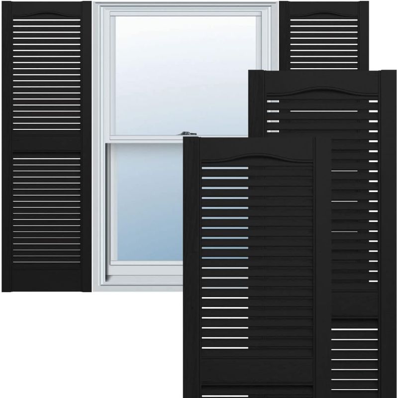 Photo 1 of  Lifetime Vinyl LL1S14X05500BL Standard Cathedral Top Center Mullion, Open Louver Vinyl Shutters, w/Installation Shutter-Lok's & Matching Screws (Per Pair), 14 1/2"W x 48"H, Black