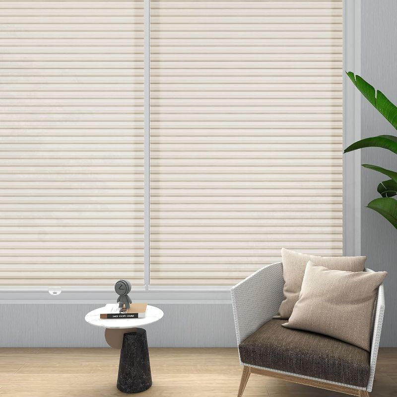 Photo 1 of  Cordless & Light Filtering Cellular Shade, Tools-Free Pleated Honeycomb Shade, Light Blocking Window Shade and Blind, 27 inches Wide, Beige CEL27BG72B
