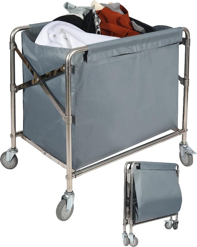 Photo 1 of ALBOMI Folding Commercial Laundry Cart on Wheels, Stainless Steel Collapsible Laundry Trolley with Removable Waterproof Bag, Industrial Rolling Laundry Hamper for Hotel School Home, 440LB Load, Gray