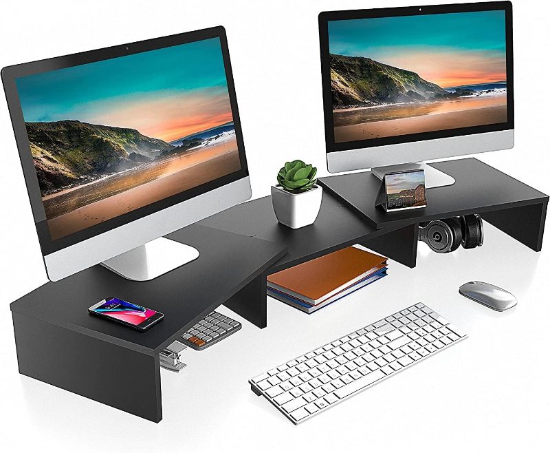 Photo 1 of FITUEYES Dual Monitor Stand – 3 Shelf Computer Monitor Riser, Wood Desktop Stand with Adjustable Length and Angle, Desk Accessories, Office Supplies Medium Black,DT108001WB