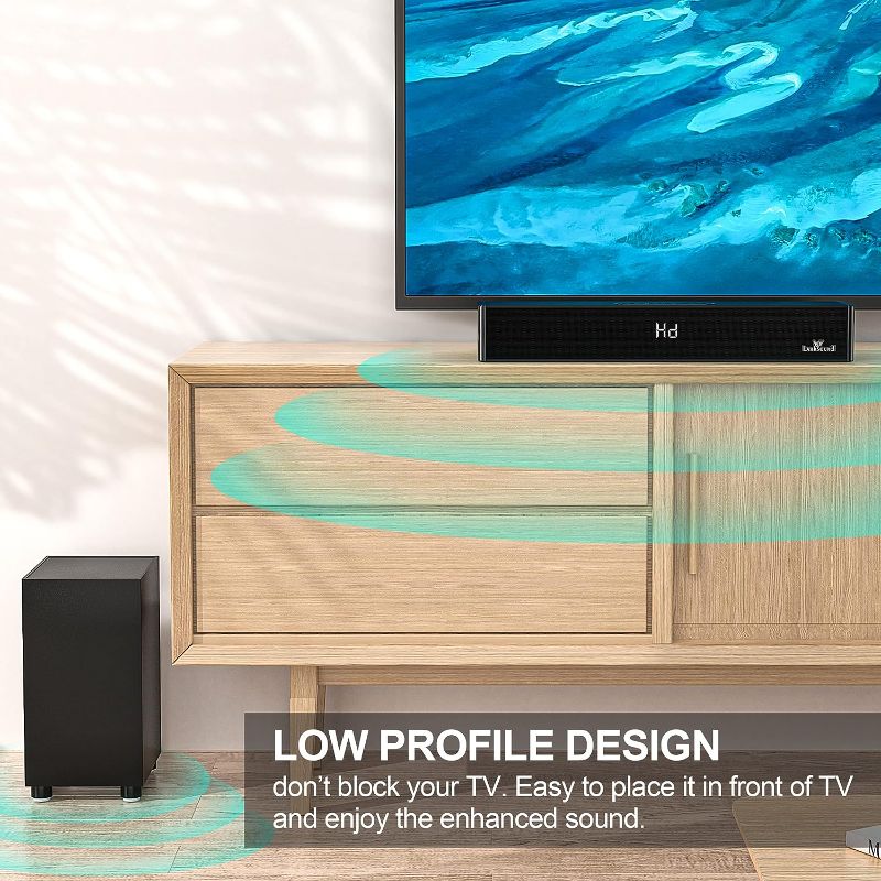 Photo 1 of LARKSOUND Soundbar with Subwoofer, 2.1 Sound Bar for TV, PC, Gaming, Surround Sound System TV Speaker with Bluetooth/HDMI ARC/Optical/AUX/USB Matt Black