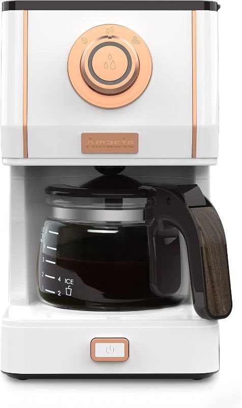 Photo 1 of Amaste Coffee Maker, Retro Style Coffee Maker with 25 Oz Glass Coffee Pot, Coffee Machine with Reusable Coffee Filter & Three Brewing Modes, 30minute-warm-keeping, Elegant White with Rose Gold