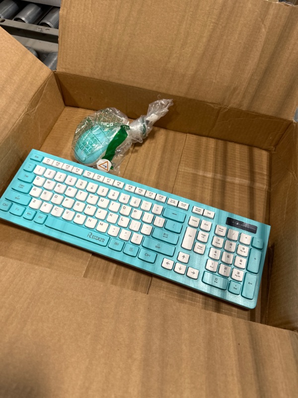 Photo 2 of RECCAZR Wireless Keyboard and Mouse Combo, Full-Sized Wireless Keyboard and Adjustable DPI Mouse, 2.4GHz USB Receiver, Wireless Keyboard and Mouse for PC, Windows, Desktop, Laptop (Blue) Tiffany Blue  
***MISSING USB ****