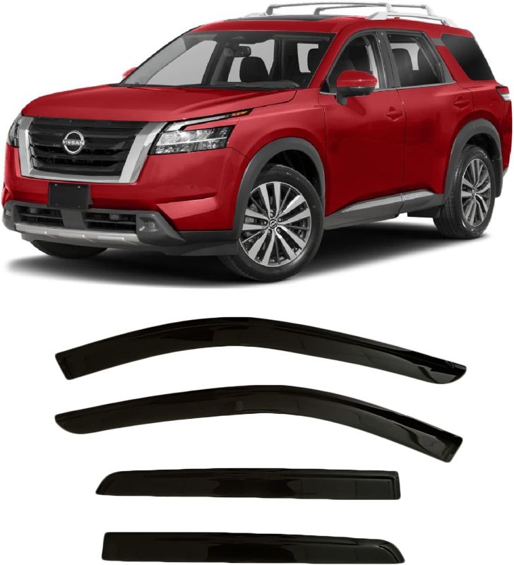 Photo 1 of 2022-2024 Tape-On Side Window Visor Deflectors for Nissan Pathfinder S SV SL Platinum Rock Creek Smoke Tinted Rain Guards 2023
