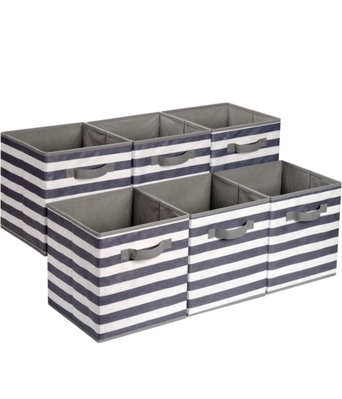 Photo 1 of Amazon Basics Collapsible Fabric Storage Cubes Organizer with Handles, 13"x13"x13", White/ Light Grey Stripe - Pack of 6