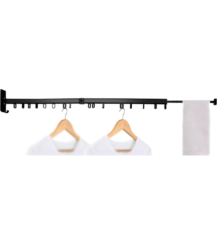 Photo 1 of AGGJ Wall Mounted Folding Clothes Hanger Telescopic Drying Clothing Rack Bar Space Saving Laundry Organizer (Color : Black, Size : 161x17.5cm)