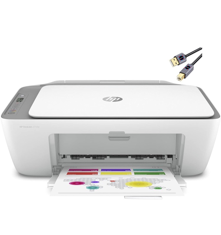 Photo 1 of HP DeskJet 2755e Series Inkjet All-in-One Color Printer I Print Copy Scan I Wireless & Mobile Printing I Wireless & USB Connectivity I Up to 5.5 ppm I Up to 4800 x 1200 dpi + Printer Cable