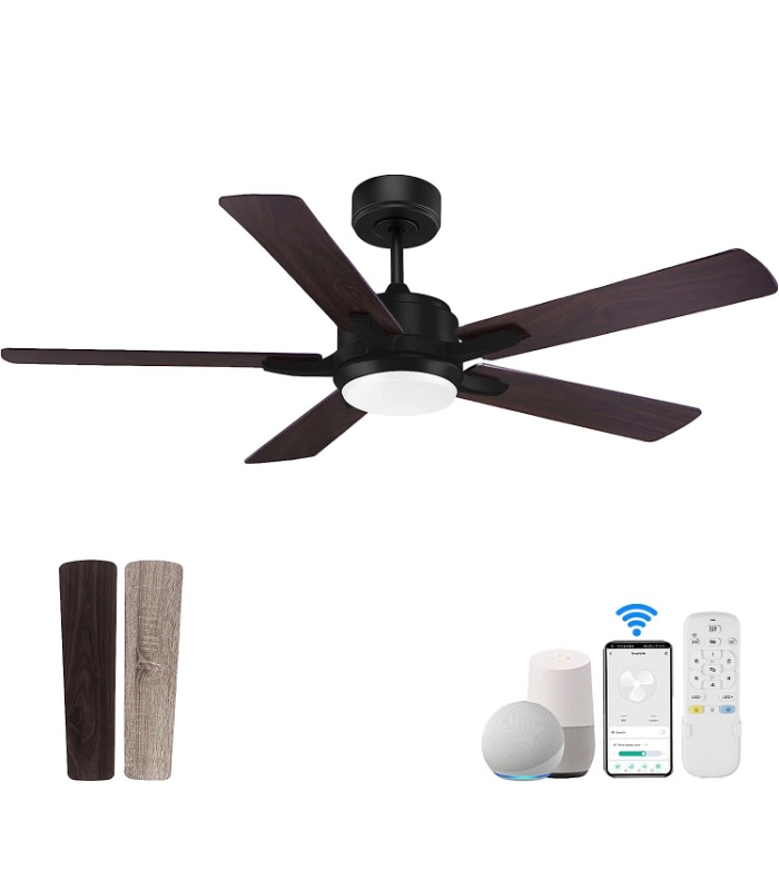 Photo 1 of 52” Smart Ceiling Fan with Lights Remote Control,Quiet DC Motor,Outdoor Indoor Modern Ceiling Fans work with WIFI Alexa App,High CFM 6 Speed,Dimmable LED Light,Black/Grey for Bedroom Living Room Patio