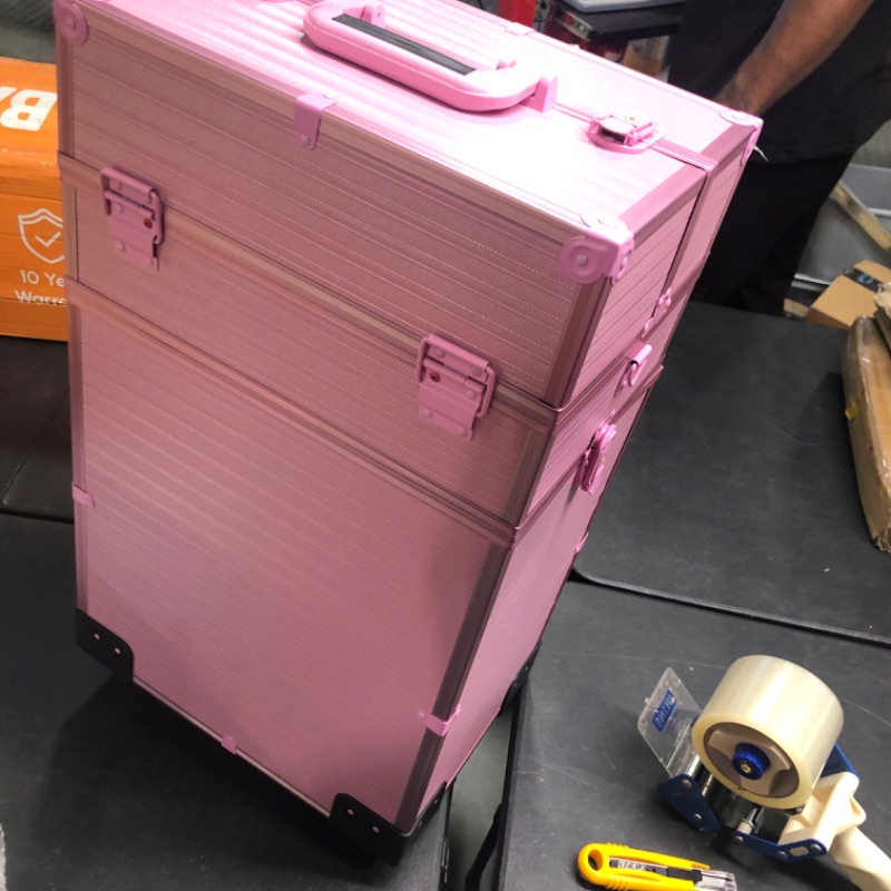 Photo 1 of KECHIN 5-in-1 Professional Rolling Makeup Train Case Large Storage Cosmetic Organizer Artist Trolley with Key Swivel Wheels Removable Travel Adjustable Dividers for Beauty Personal Care (Pink)