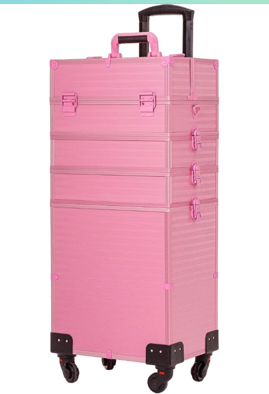 Photo 1 of KECHIN 5-in-1 Professional Rolling Makeup Train Case Large Storage Cosmetic Organizer Artist Trolley with Key Swivel Wheels Removable Travel Adjustable Dividers for Beauty Personal Care (Pink)