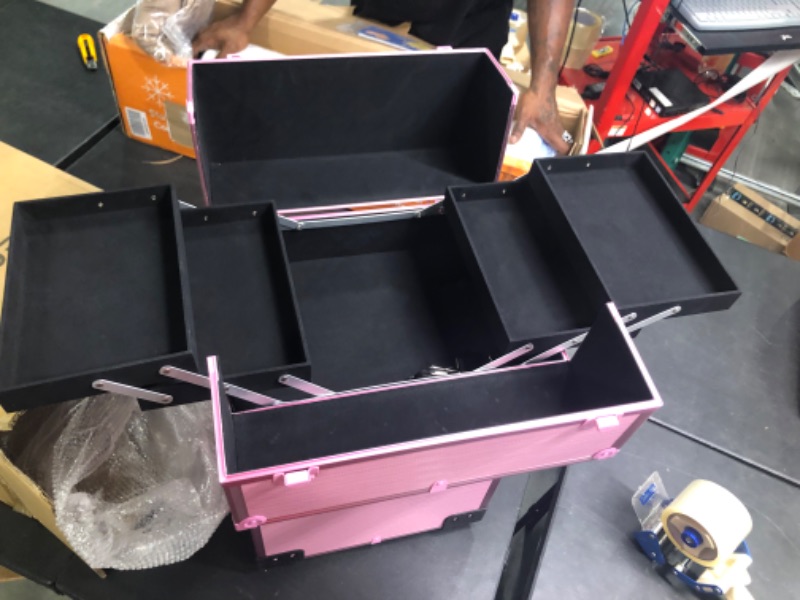 Photo 1 of KECHIN 5-in-1 Professional Rolling Makeup Train Case Large Storage Cosmetic Organizer Artist Trolley with Key Swivel Wheels Removable Travel Adjustable Dividers for Beauty Personal Care (Pink)