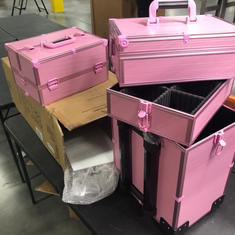 Photo 1 of KECHIN 5-in-1 Professional Rolling Makeup Train Case Large Storage Cosmetic Organizer Artist Trolley with Key Swivel Wheels Removable Travel Adjustable Dividers for Beauty Personal Care (Pink)