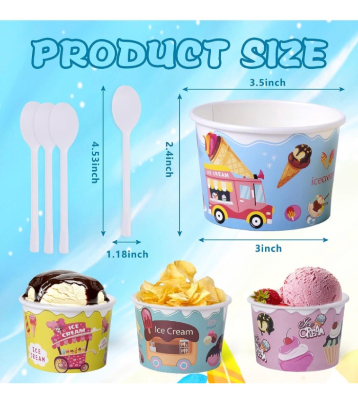 Photo 1 of Kolewo4ever 400 Pieces 8 oz Ice Cream Cups set:200 Pieces Disposable Ice Cream Bowls with 200 Pieces Spoons Snack Cups Bowls Paper Ice Cream Cup for Food,Sundae, Frozen Yogurt, Soup (Multicolor)