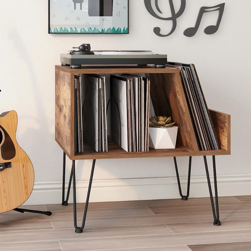 Photo 1 of Tohomeor Vinyl Record Player Stand Turntable Stand LPs Album Storage Cabinet Wooden Sofa End Table Media Audio Video Turntables Stand Nightstand for Bedroom Living Room Office (Rustic Brown)