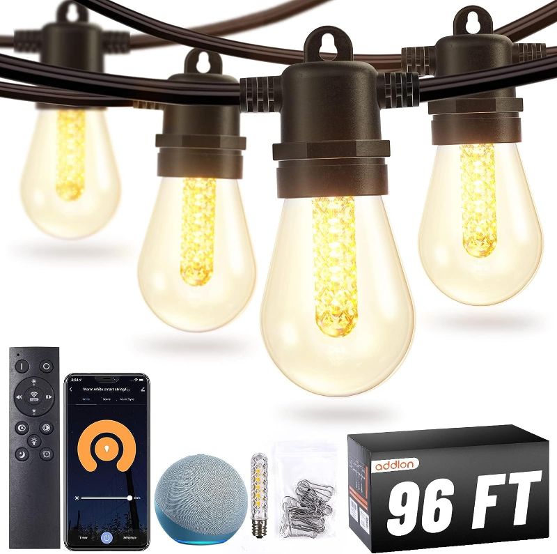 Photo 1 of addlon 96FT Smart Outdoor String Lights with APP & Remote Control, Music Sync Waterproof Patio Lights with Dimmable Edison Shatterproof Bulbs, Extendable for Patio, Porch