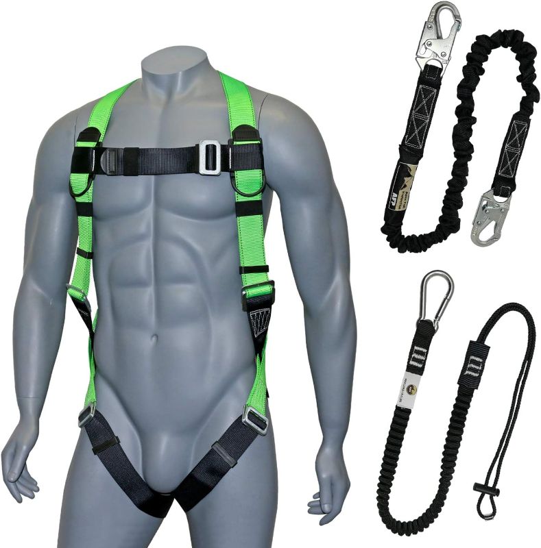 Photo 1 of AFP Universal Full-Body Fall Protection Safety Harness with Dorsal D-Ring and Mating Buckle Legs | High-Visibility Green | Shock Absorbing Lanyard & Tool Lanyard (OSHA/ANSI)