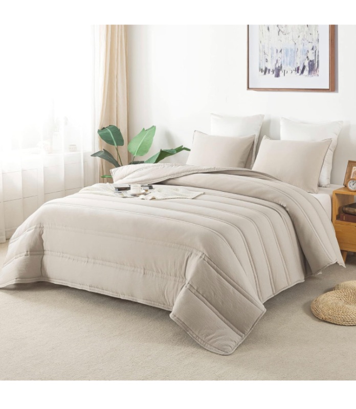 Photo 1 of Anna.Z Home 3PC Comforter Set, Down Alternative Filling, Solid Color Comforter, Lightweight & Warmth & Ultra-Soft & for All Season, Channel Quilting Comforter & Quilt Set. (Taupe, King