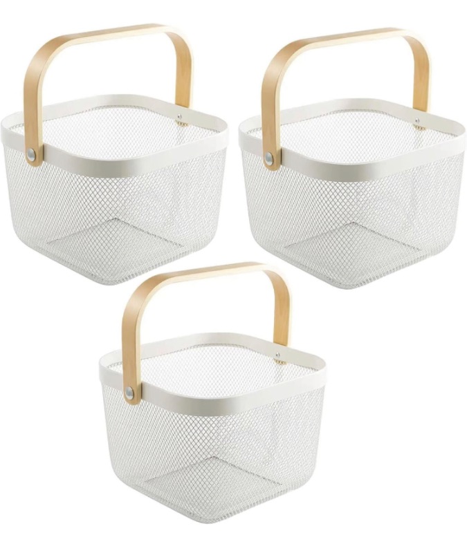 Photo 1 of AJIODA 3 Pack Metal Mesh Steel Basket, Storage Organizer Basket Multi-function Hanging Kitchen Baskets Fruit Basket Bin with Wood Handle for Kitchen Bathroom Picnic Cabinet Home Decor, 3PCS-White