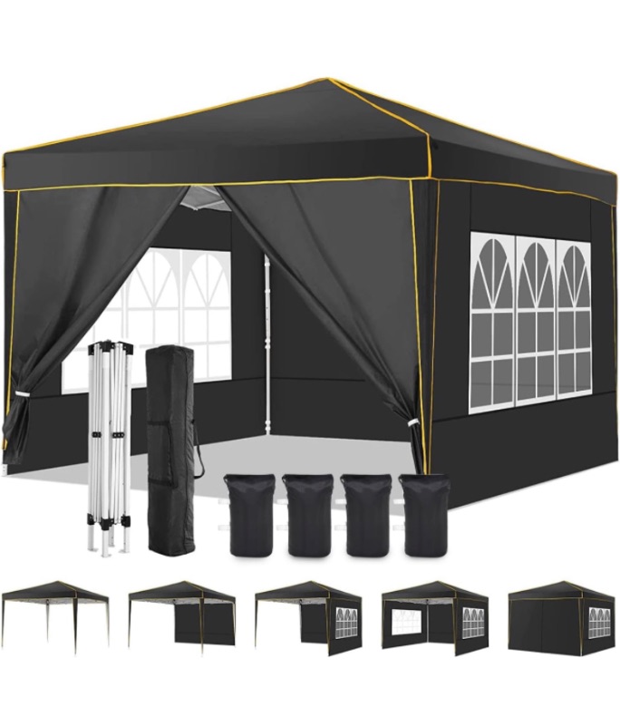 Photo 1 of Alishebuy Pop Up Canopy with 4 Removable Sidewalls,10x10 Tent for Parties Waterproof Wedding Event Canopy,Instant Outdoor Gazebos with Church Window,Carry Bag,4 Stakes,Ropes & Sandbags