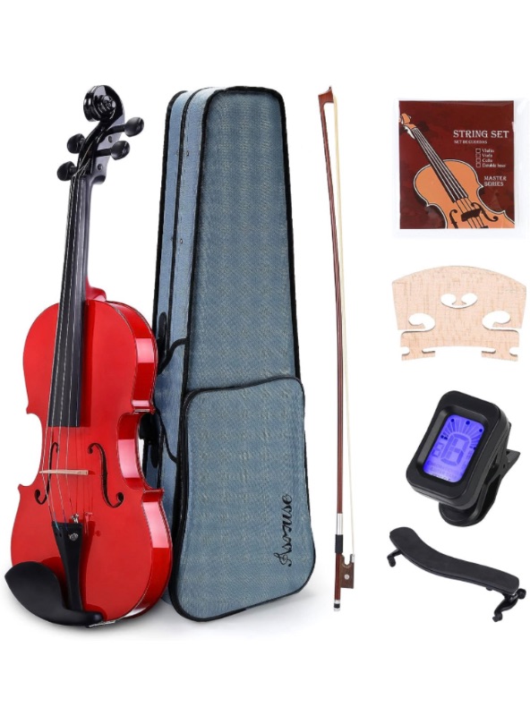 Photo 1 of Asmuse 4/4 Violin Set Solid Wood with Rosin Tuner Shoulder Rest Wipe Bow Instruction Manual?Red?